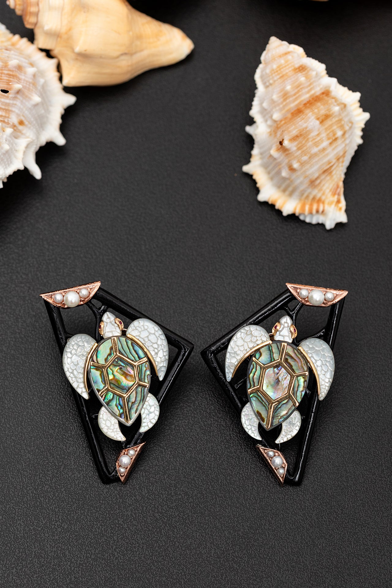 Turtle Abalone Shell Earrings with Pearl and Ruby