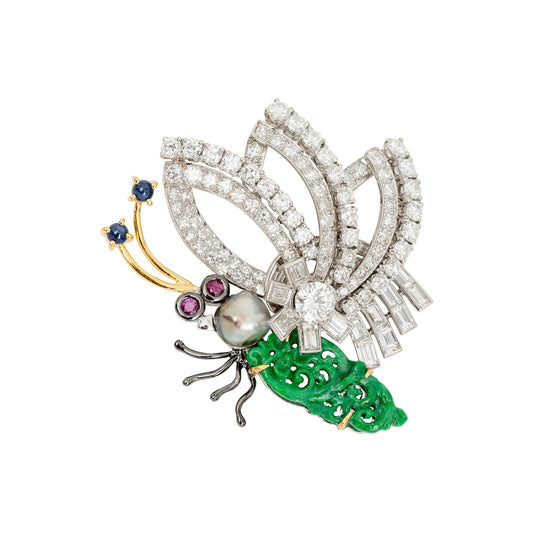 Carved Jade and Diamond Wing Butterfly Brooch