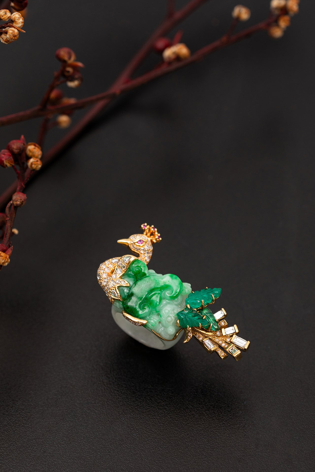 Dancing Peacock Jade Ring