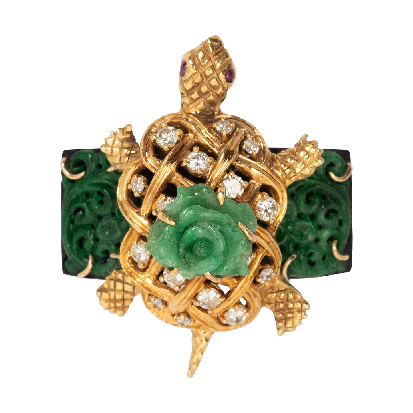 Golden Turtle with Blooming Jade Rose Ring