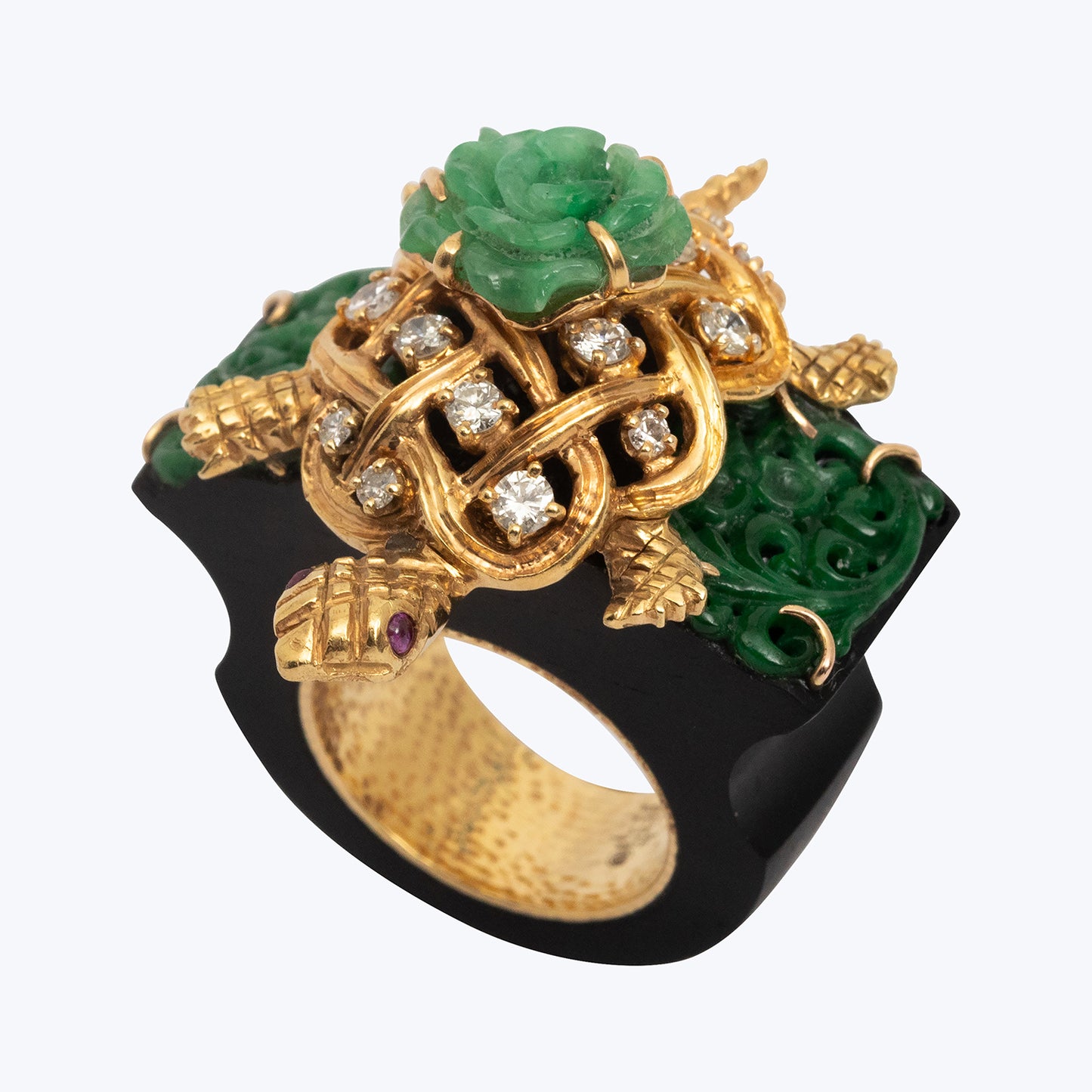 Golden Turtle with Blooming Jade Rose Ring