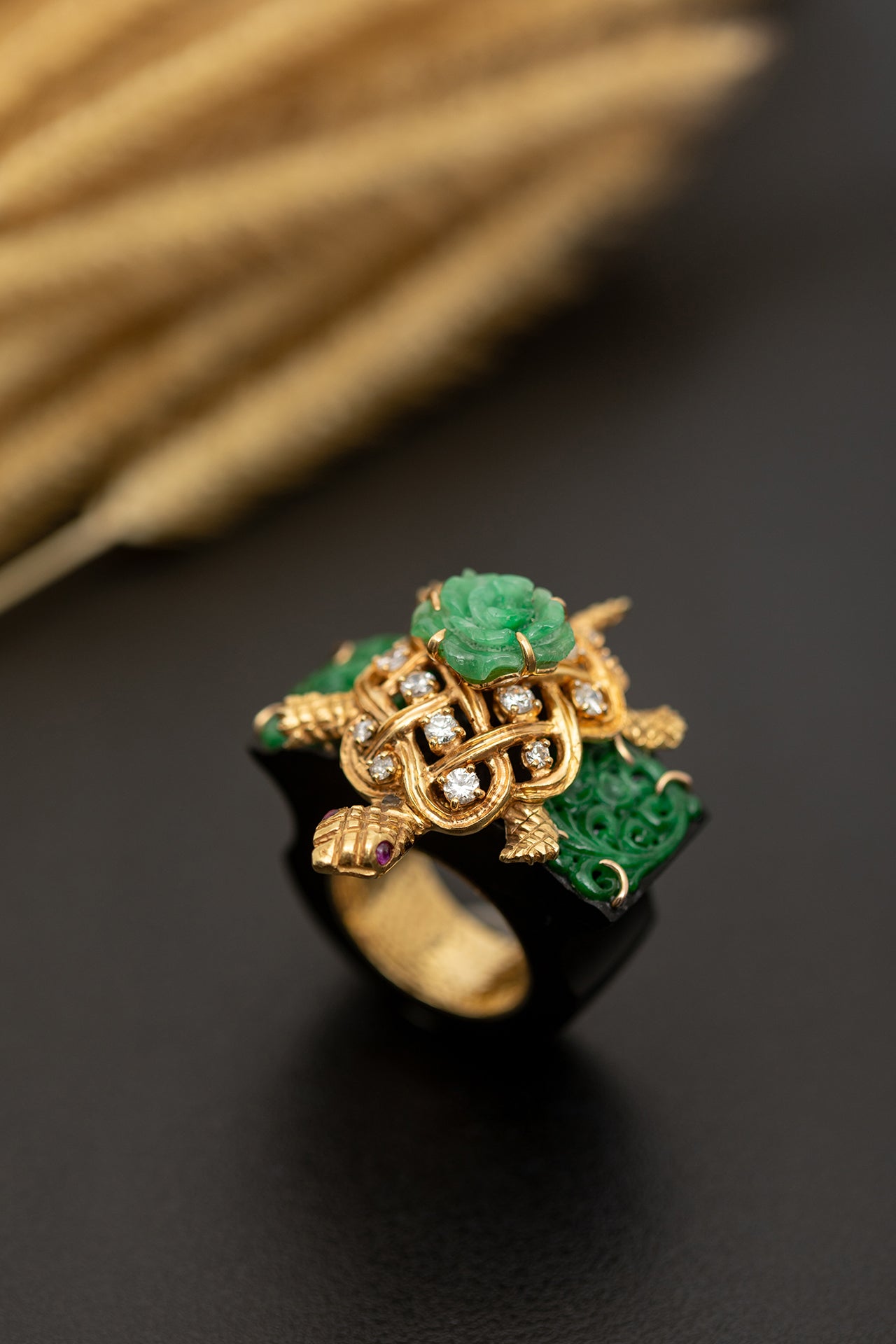 Golden Turtle with Blooming Jade Rose Ring