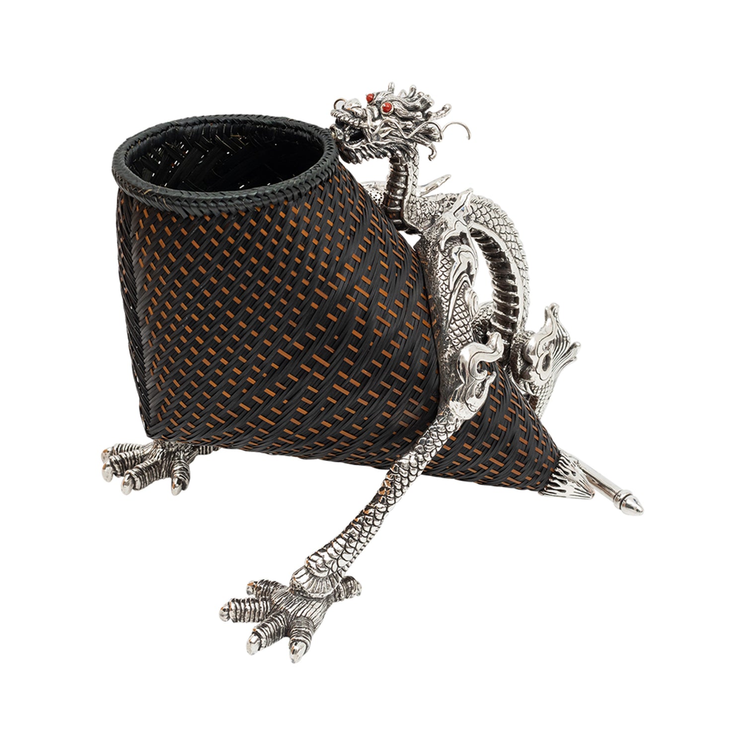 Rattan Wine Basket with Sterling Silver Dragon