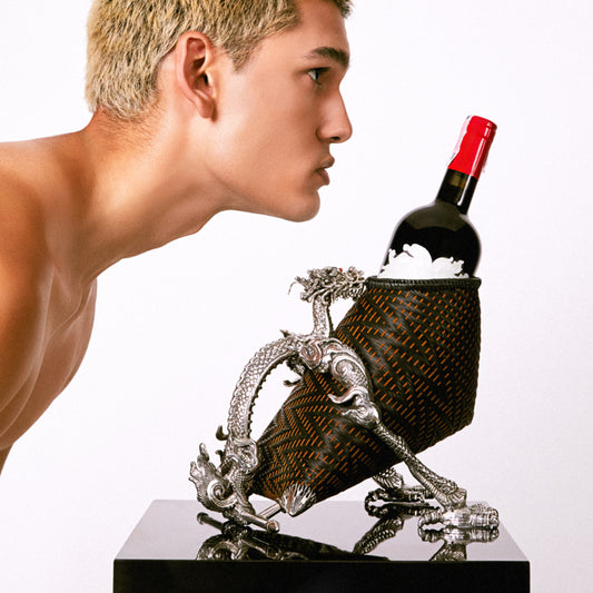 Rattan Wine Basket with Sterling Silver Dragon