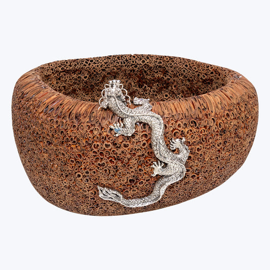 Cinnamon Bowl with Swirling Silver Dragon #S