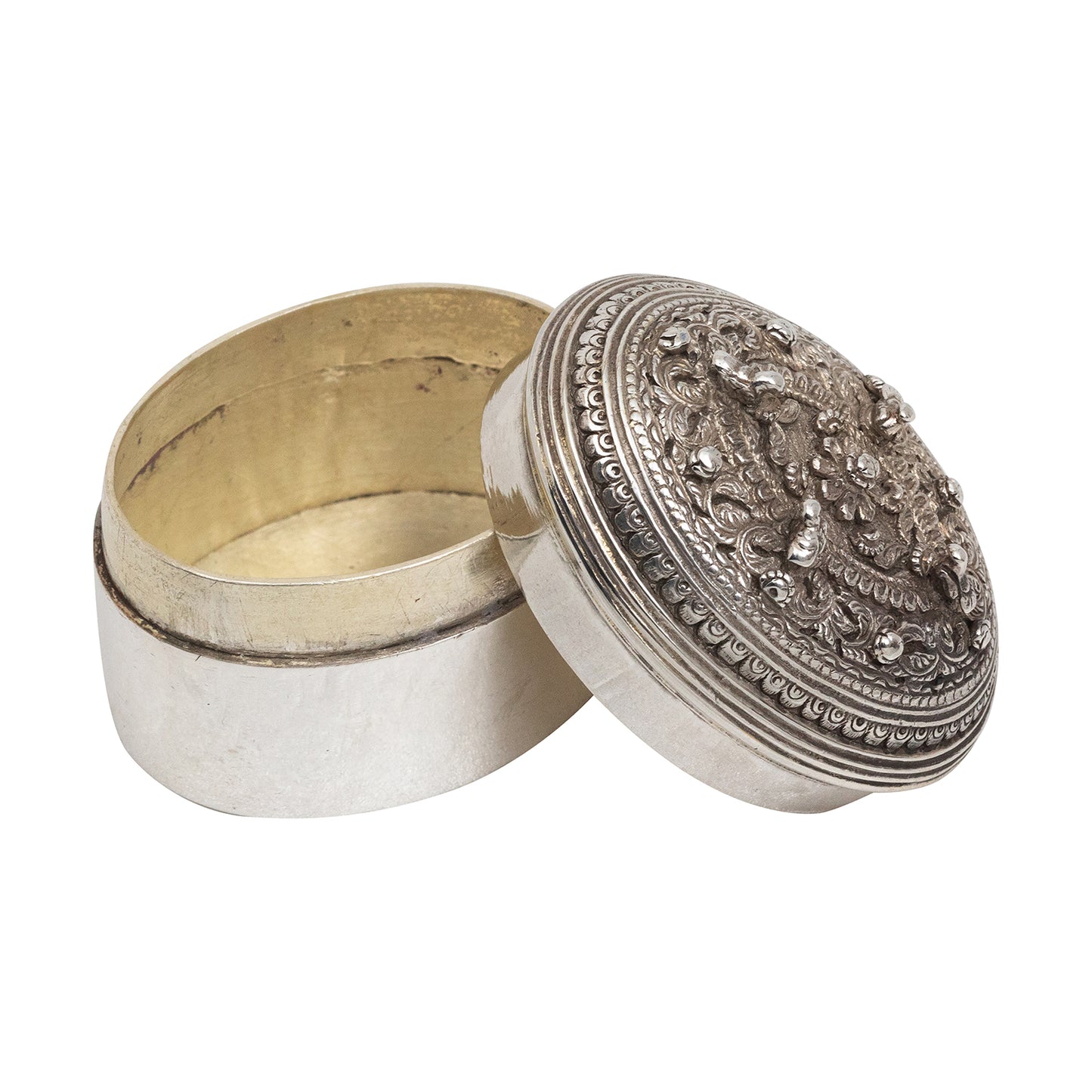 Antique Oval Silver Pill Box with Floral Lid (Circa 1880-1910)