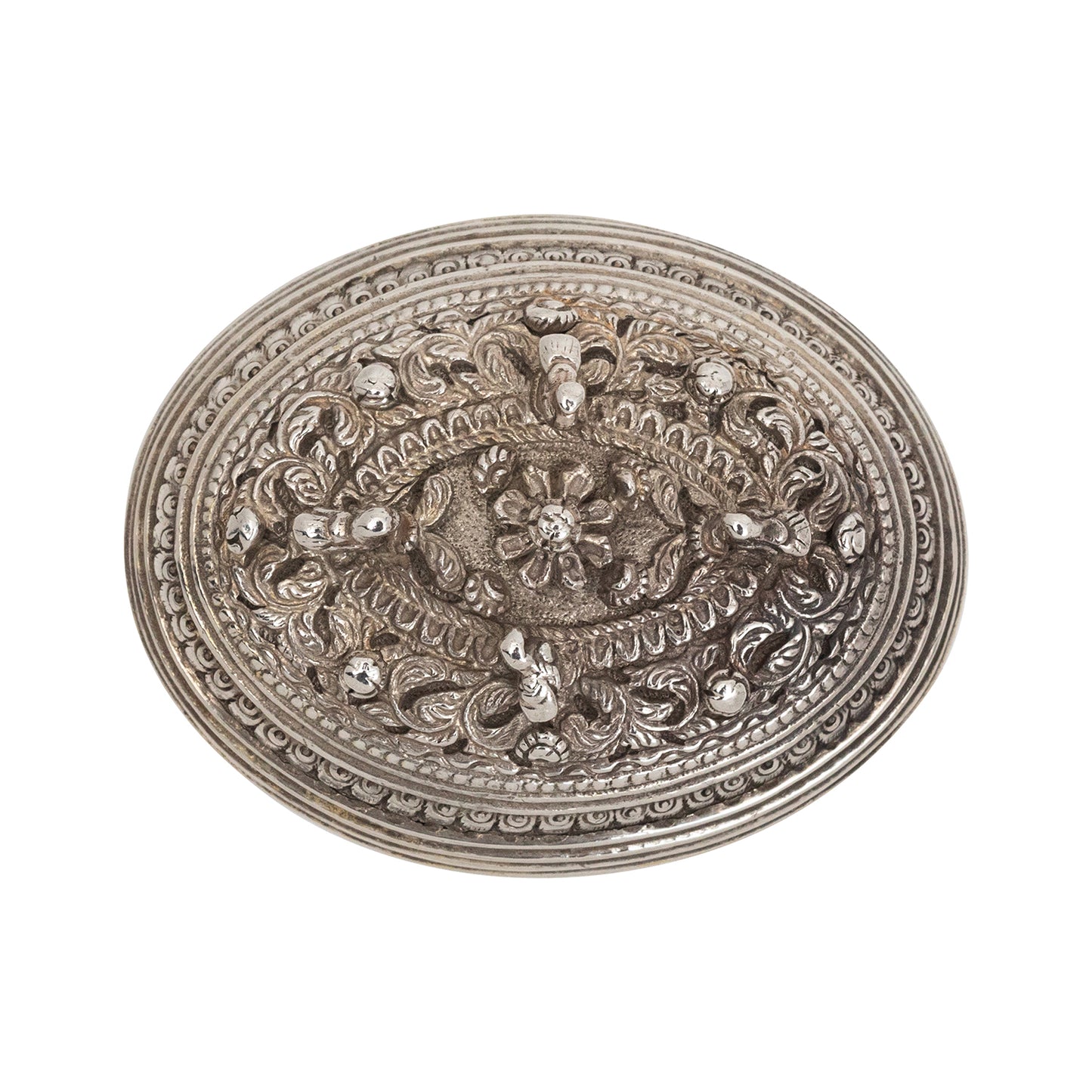 Antique Oval Silver Pill Box with Floral Lid (Circa 1880-1910)