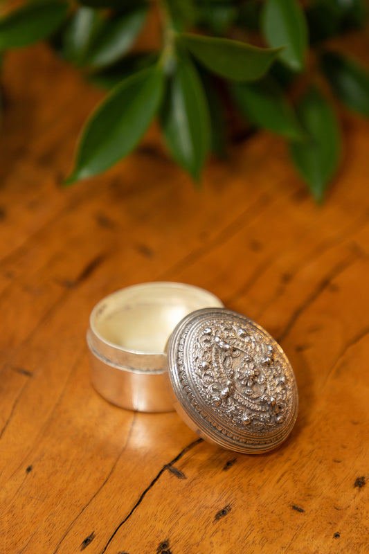 Antique Oval Silver Pill Box with Floral Lid (Circa 1880-1910)