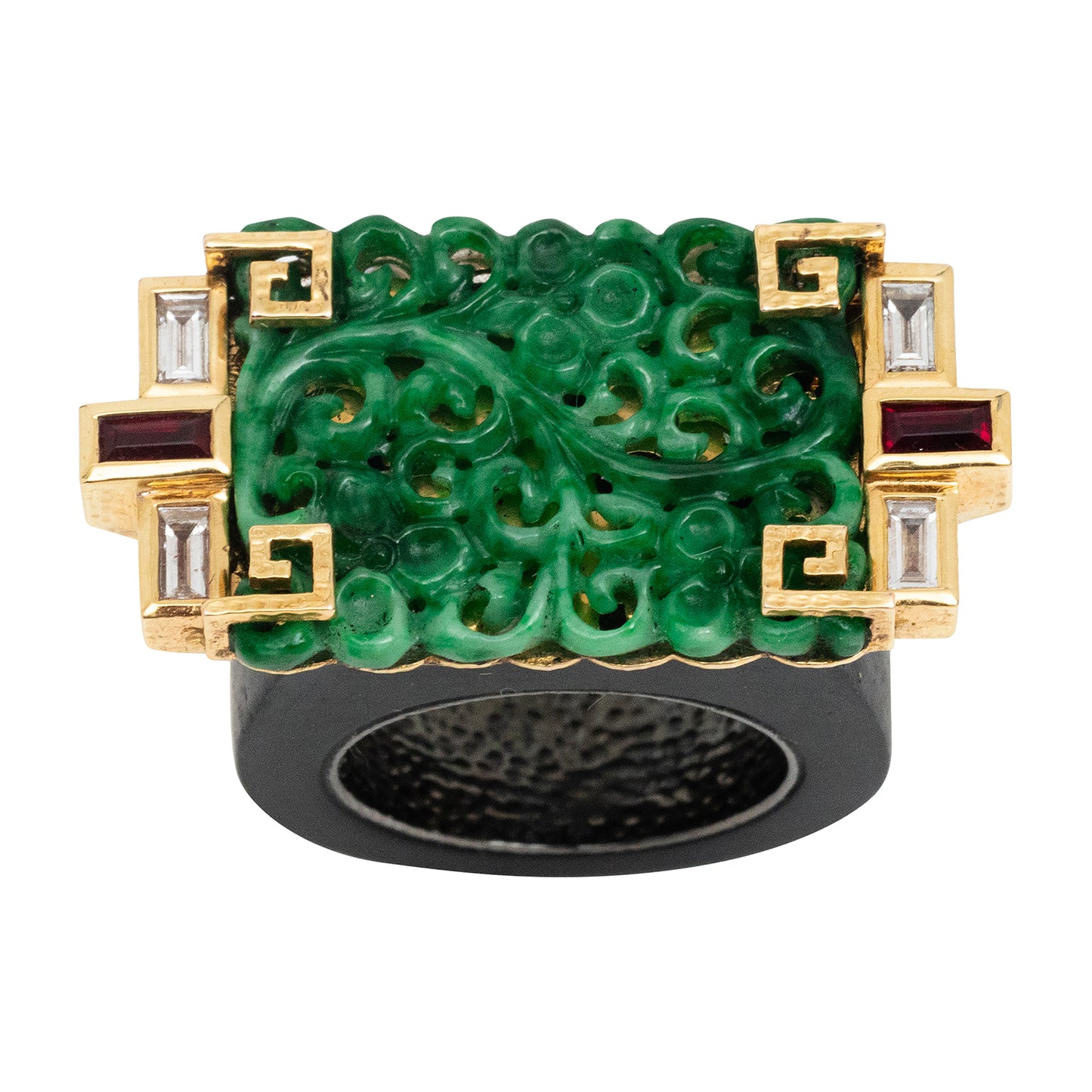 Imperial Carved Jade and Black Wood Ring