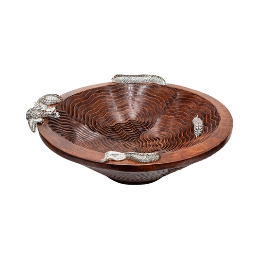 Teak Wood Cloud Bowl with Silver Dragon #L