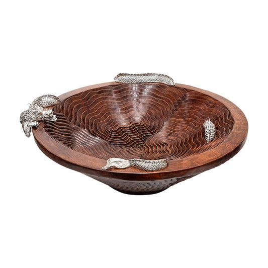 Teak Wood Cloud Bowl with Silver Dragon #L