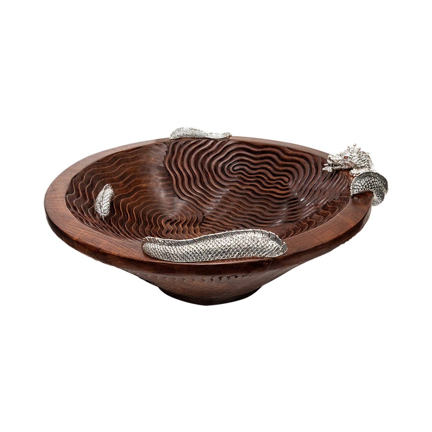 Teak Wood Cloud Bowl with Silver Dragon #L