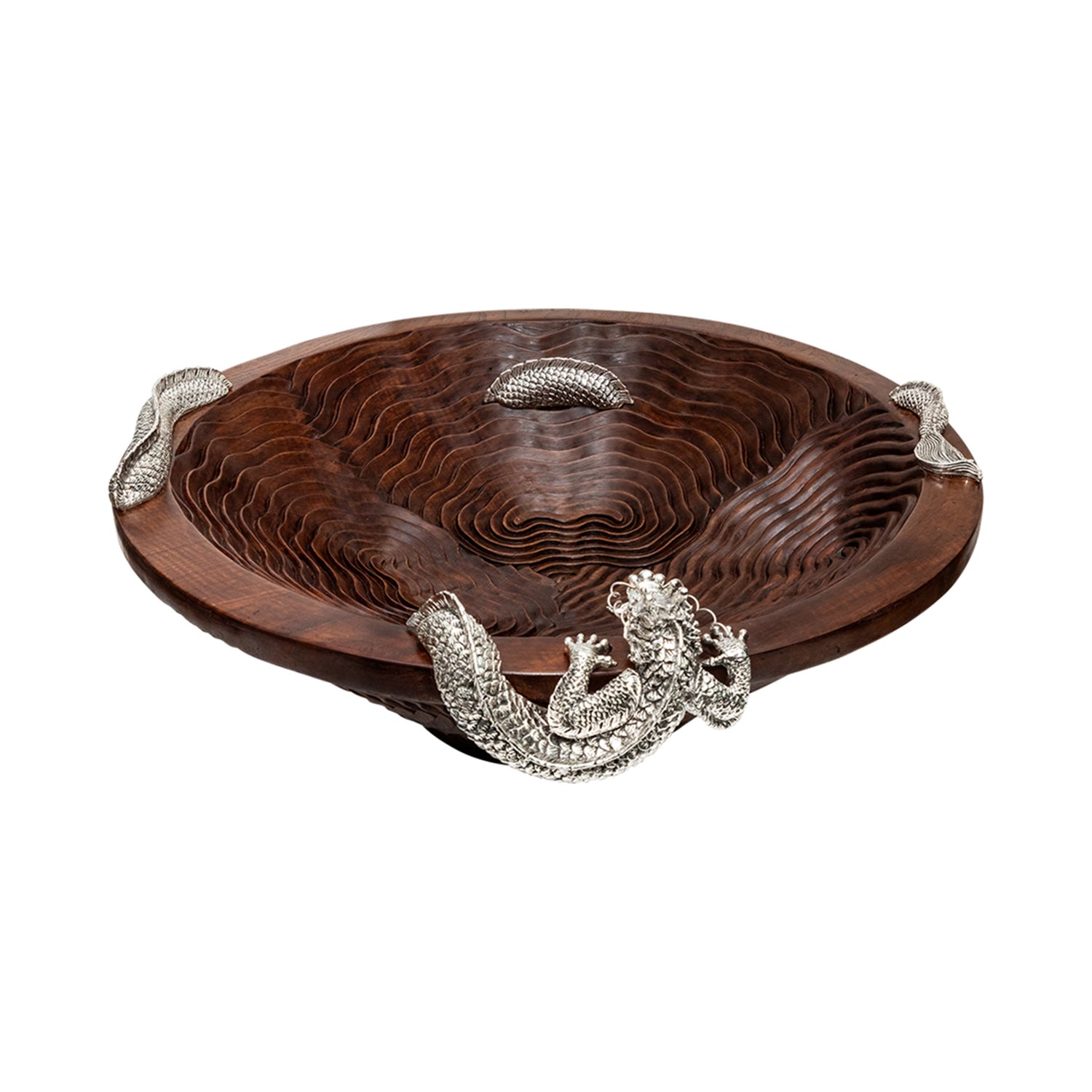 Teak Wood Cloud Bowl with Silver Dragon #L