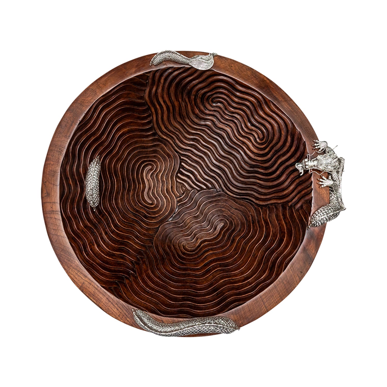 Teak Wood Cloud Bowl with Silver Dragon #L