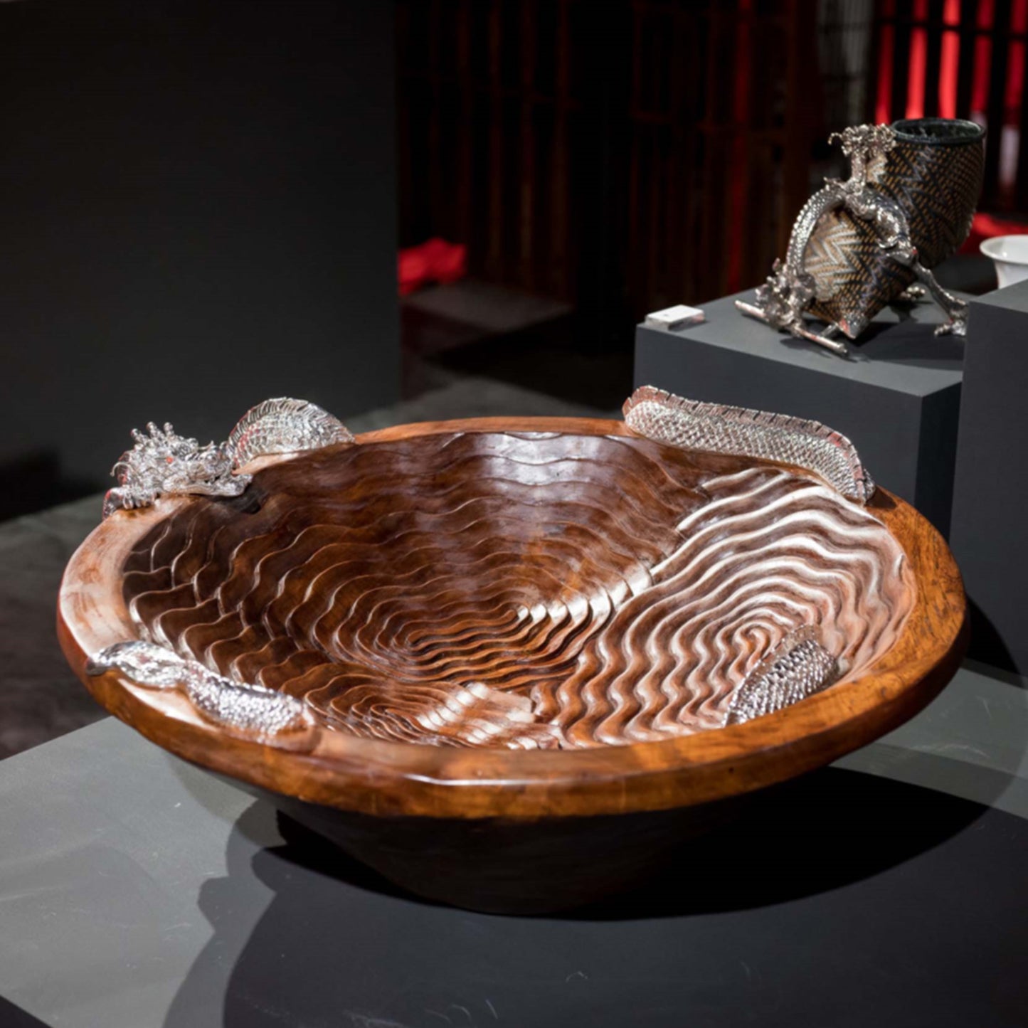 Teak Wood Cloud Bowl with Silver Dragon #L
