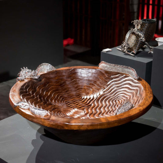Teak Wood Cloud Bowl with Silver Dragon #L