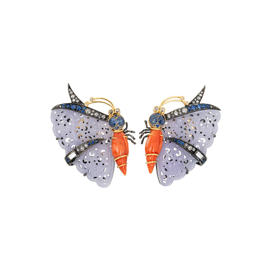 Butterfly Earrings with Carved Jade, Red Stone, Blue Sapphire and Diamond