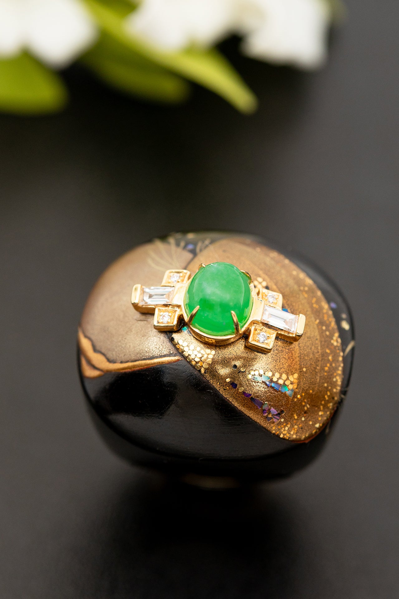 Japanese Lacquer Ring with Jade and Diamond