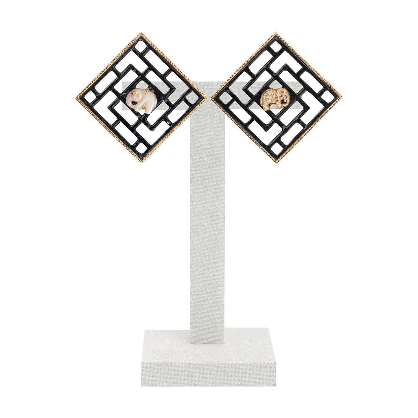 Chinese Knot Earrings with Pearl Elephants, Diamonds, Rubies