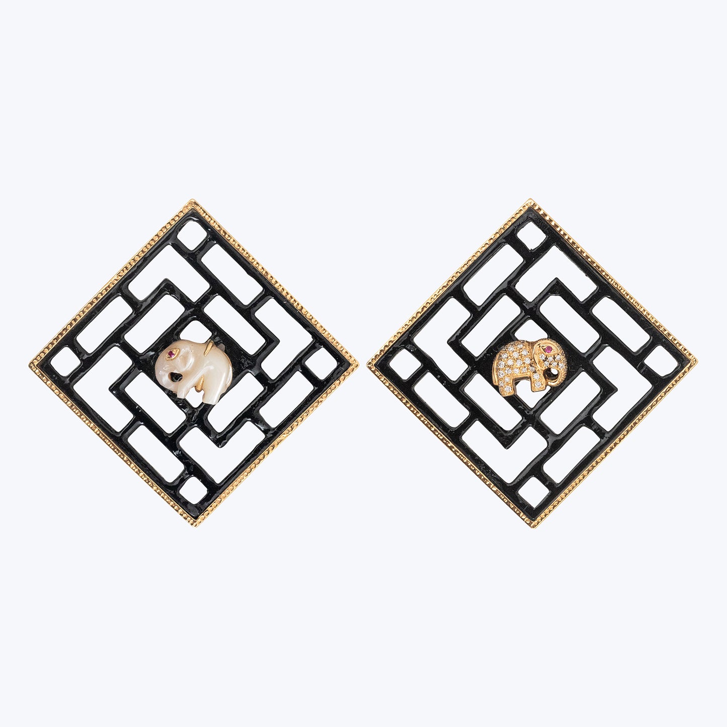 Chinese Knot Earrings with Pearl Elephants, Diamonds, Rubies