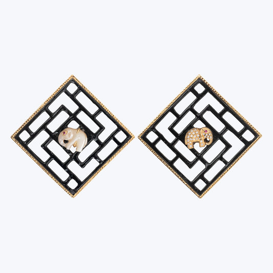 Chinese Knot Earrings with Pearl Elephants, Diamonds, Rubies