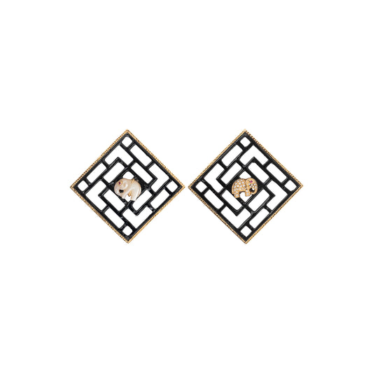 Chinese Knot Pearl Elephant, Diamond and Ruby Earrings