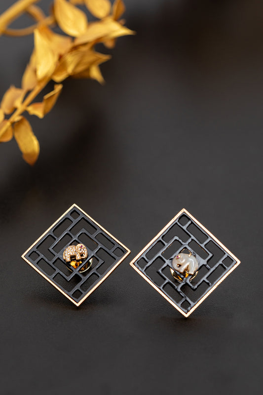 Chinese Knot Earrings with Pearl Elephants, Diamonds, Rubies