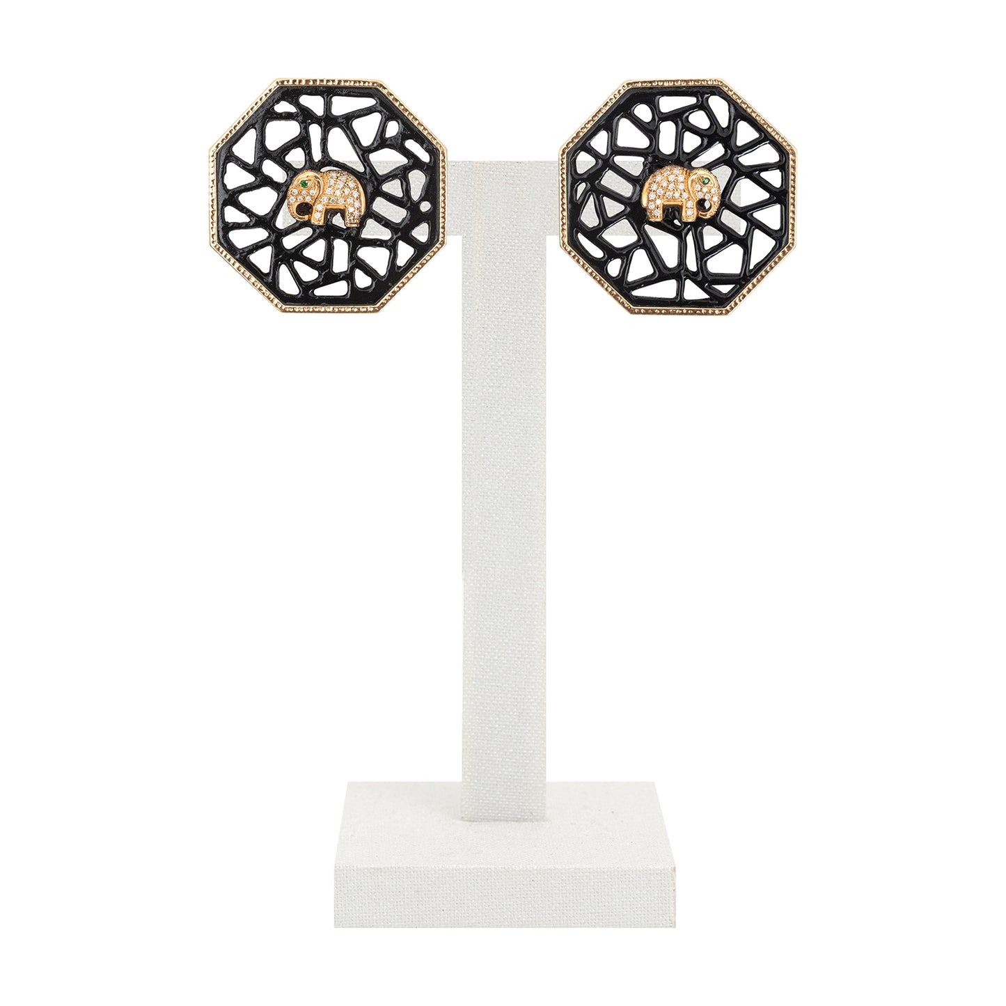 Hexagon Art Deco Earrings with Elephant, Diamond, Tsavorite and 18k gold