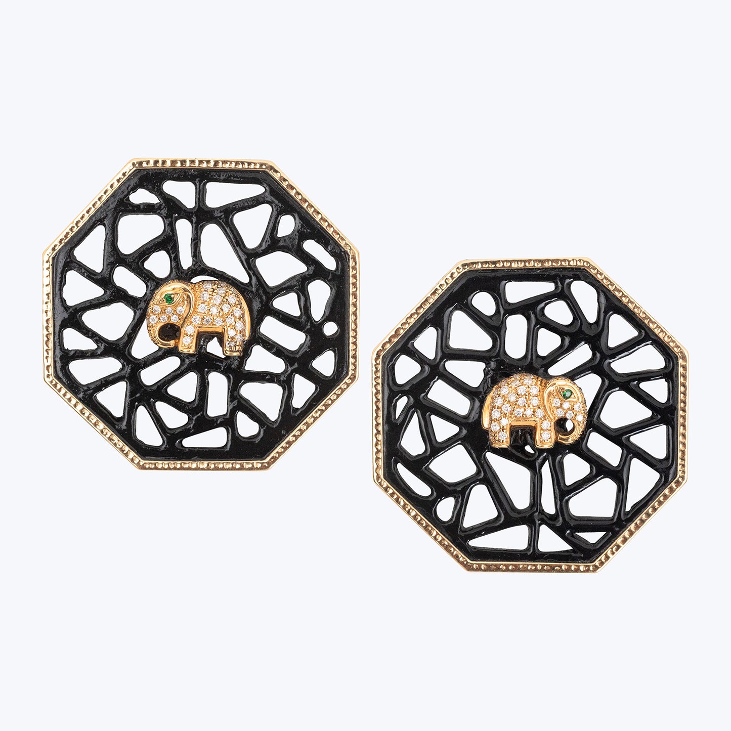 Hexagon Art Deco Earrings with Elephant, Diamond, Tsavorite and 18k gold