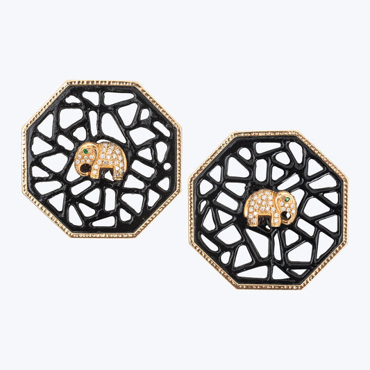 Hexagon Art Deco Earrings with Elephant, Diamond, Tsavorite and 18k gold