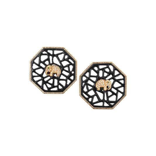 Hexagon Art Deco Elephant Jade, Diamond and Tsavorite 18k Gold Earrings