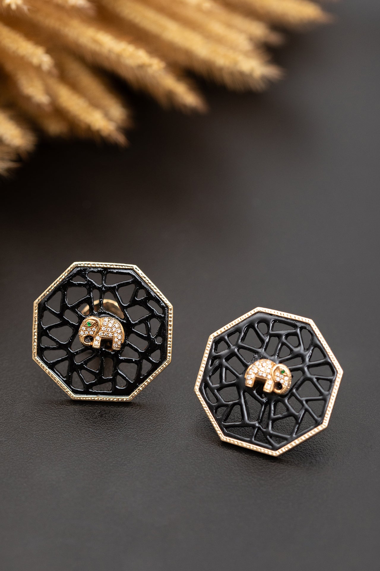 Hexagon Art Deco Earrings with Elephant, Diamond, Tsavorite and 18k gold