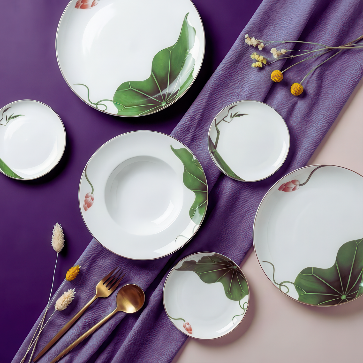 Dinner plate set with Lotus Leaf and Bamboo design – Au Naturel (5 pcs / set)