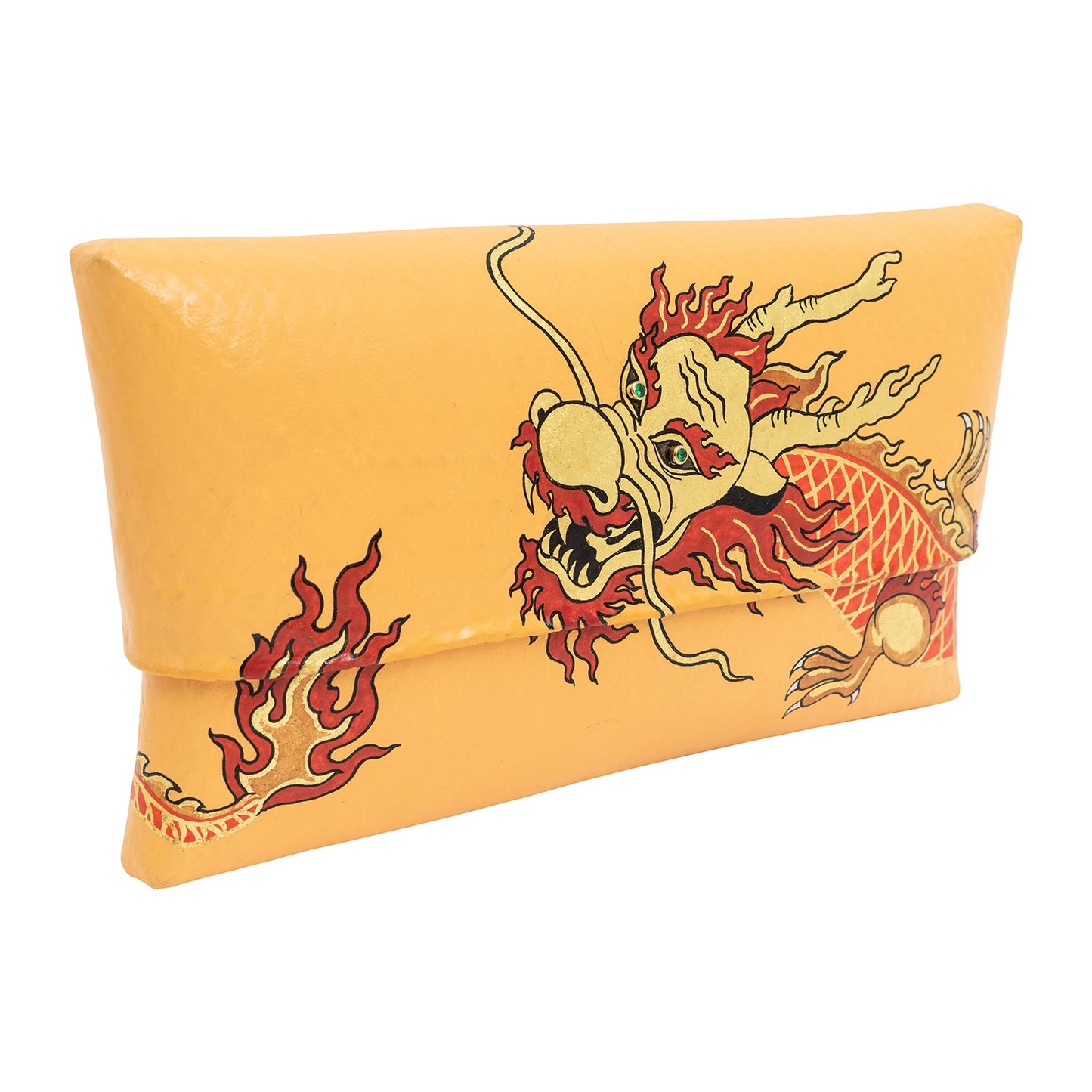 Yellow Bamboo Clutch with Hand-Painted Dragon and Tsavorite