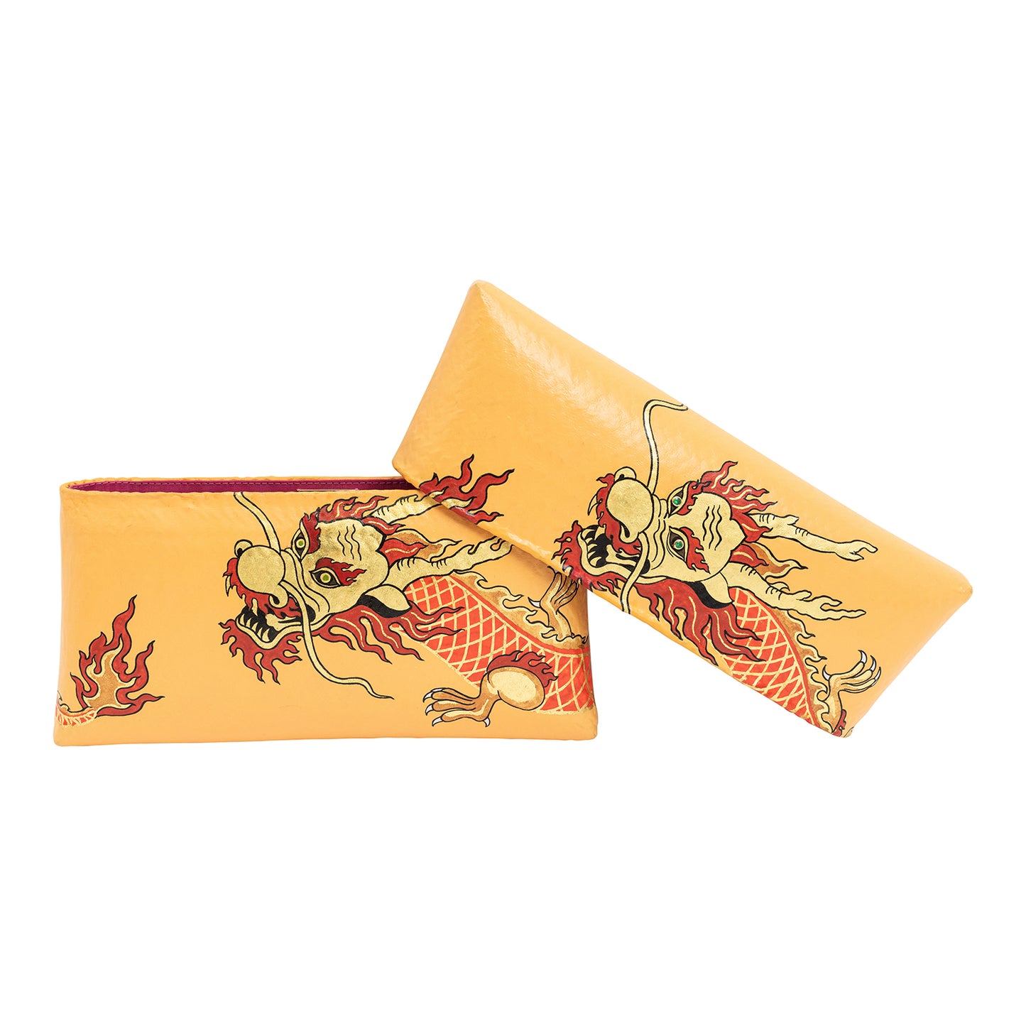 Yellow Bamboo Clutch with Hand-Painted Dragon and Tsavorite