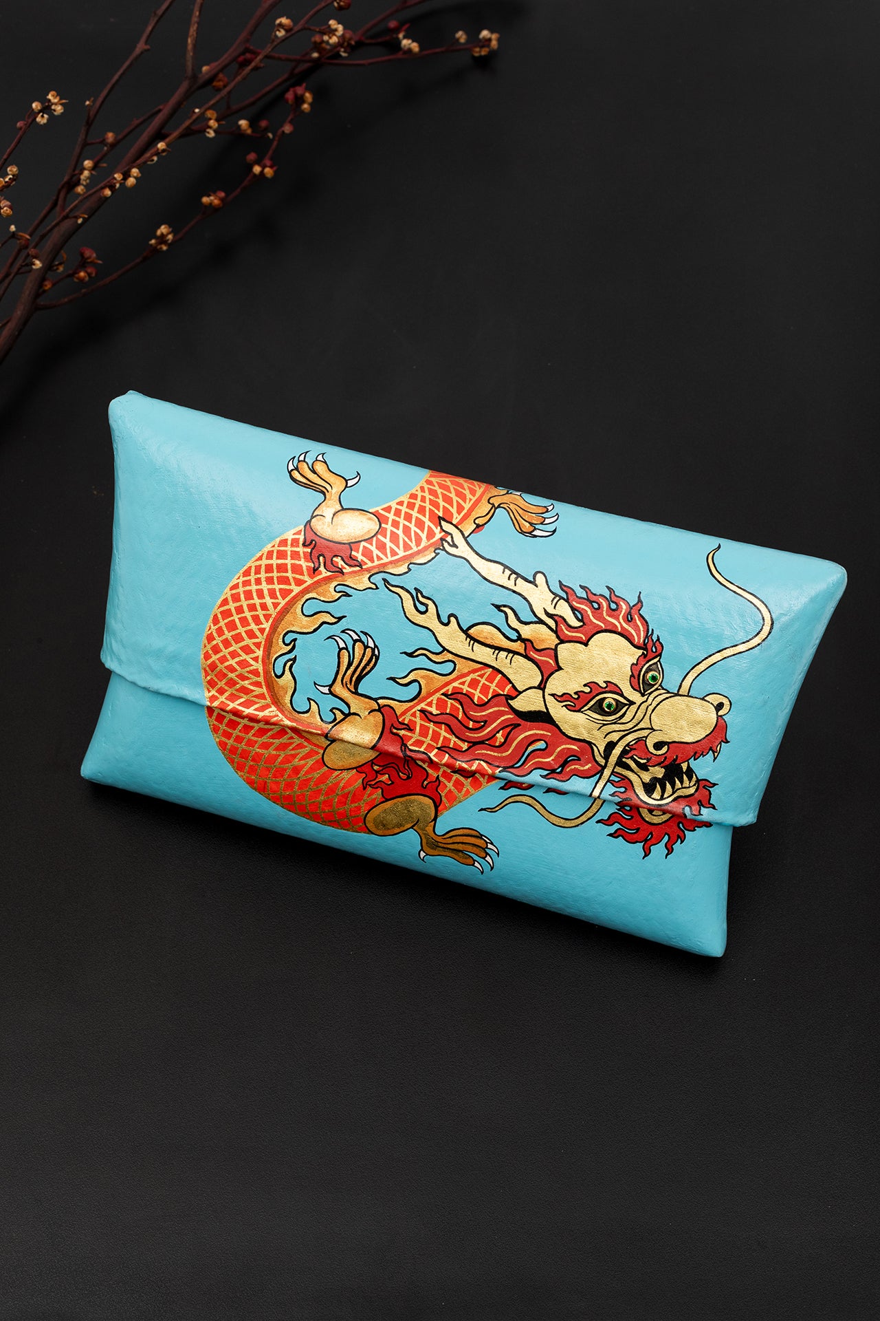 Bamboo Clutch with Hand-Painted Dragon and Tsavorite ( Blue )