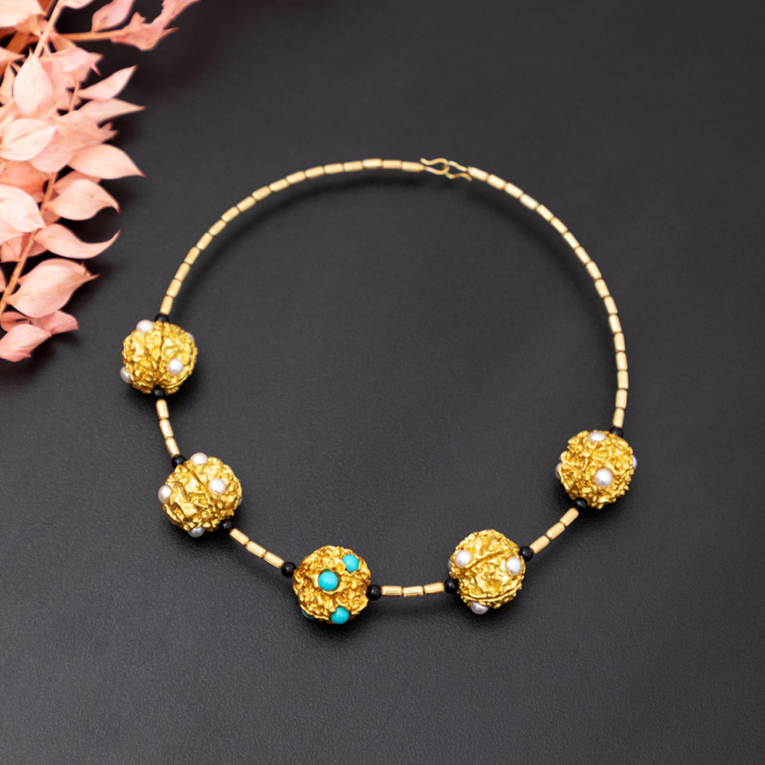 Memory Wire Necklace with 5 Inlaid Prayer Bead Balls