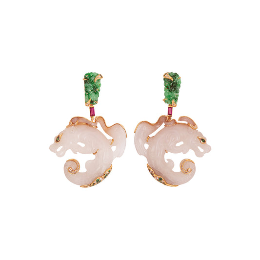 White Dragon Carved Jade Earrings