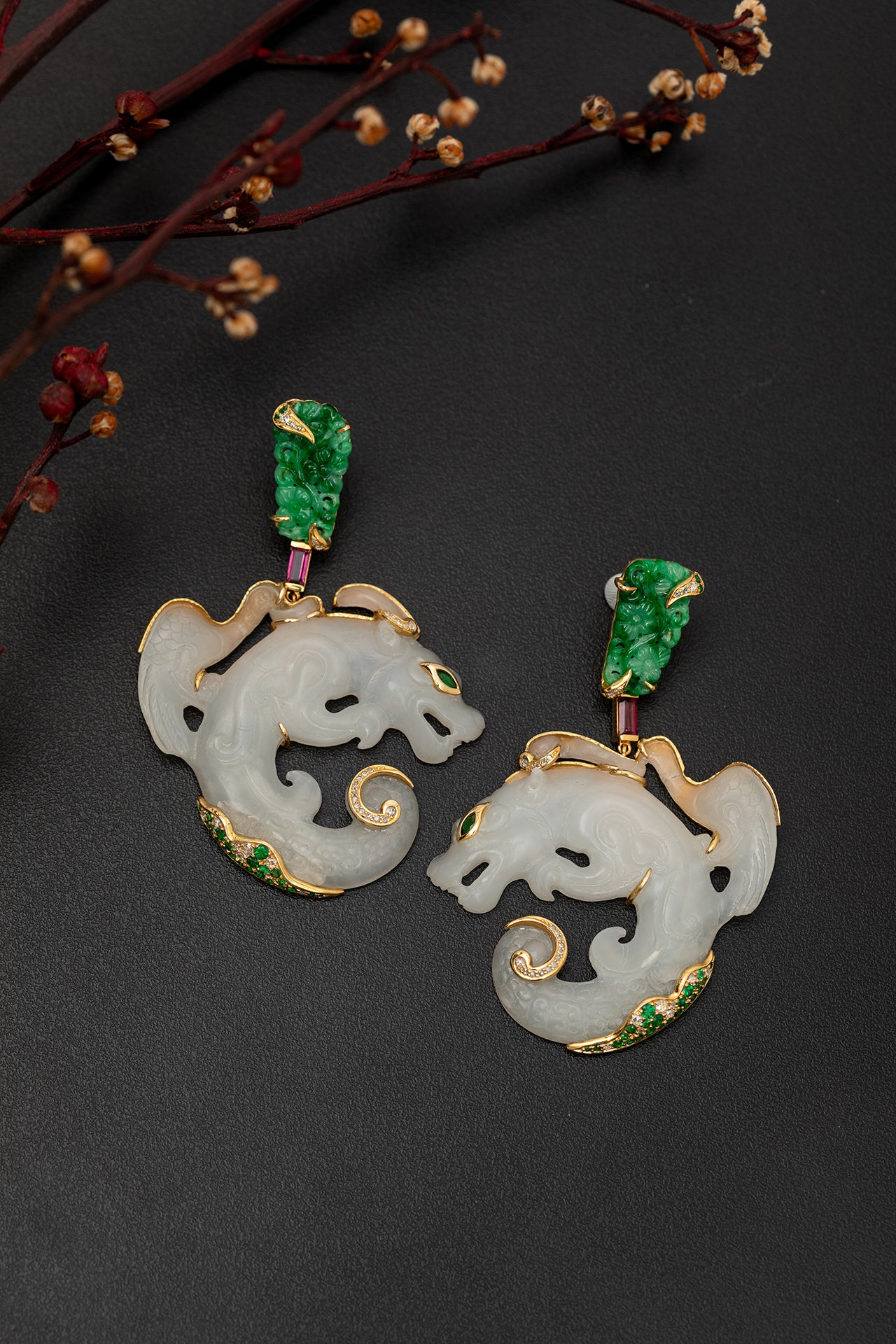 White Dragon Carved Jade Earrings