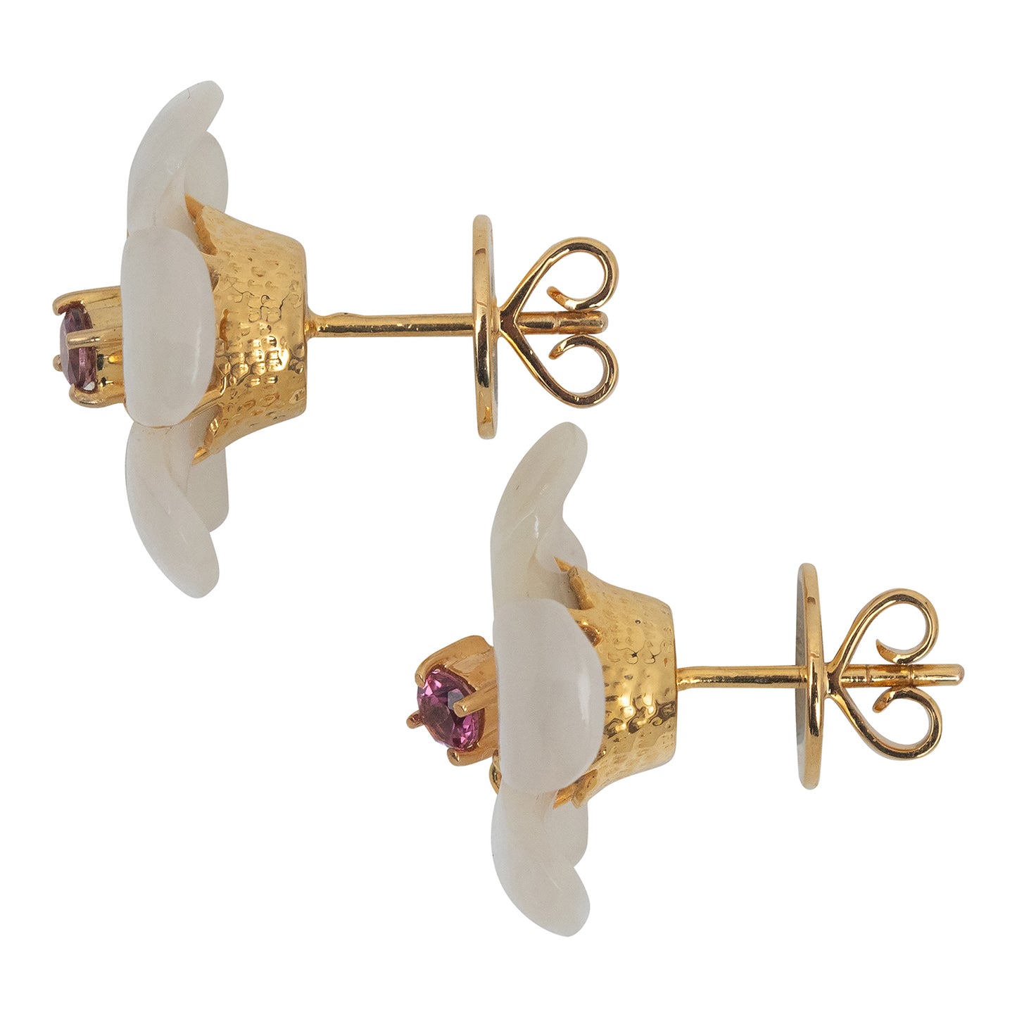Mother of Pearl Dok Kaew Earrings with Pink Tourmaline (21 mm)