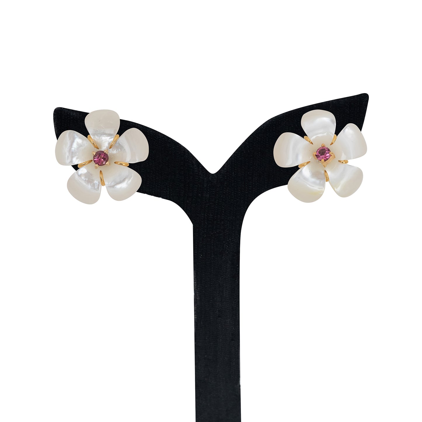 Mother of Pearl Dok Kaew Earrings with Pink Tourmaline (21 mm)