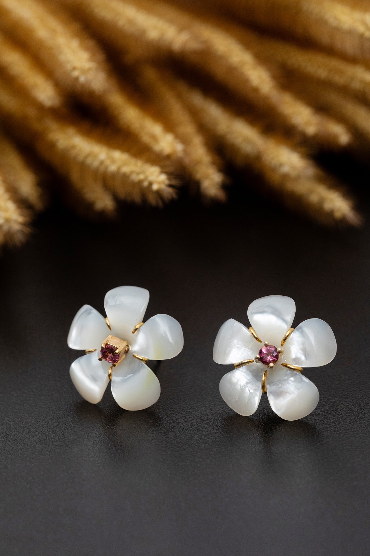 Mother of Pearl Dok Kaew Earrings with Pink Tourmaline (21 mm)