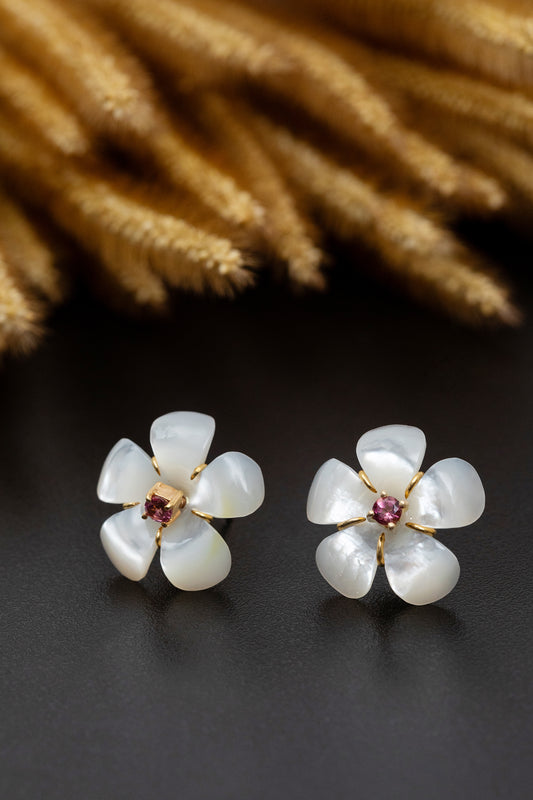 Mother of Pearl Dok Kaew Earrings with Pink Tourmaline (21 mm)