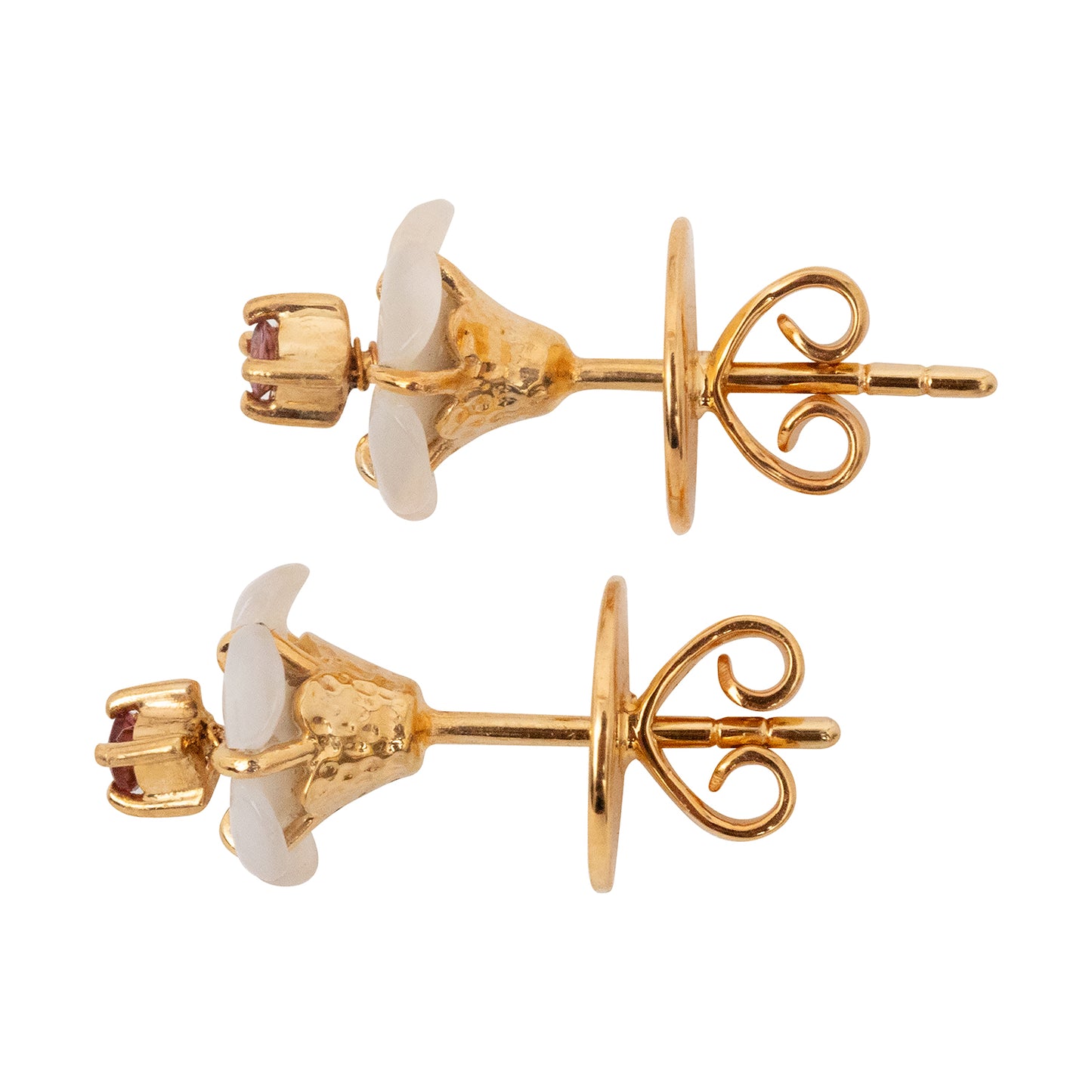 Mother of Pearl Dok Kaew Earrings with Pink Tourmaline ( 9.5 mm )