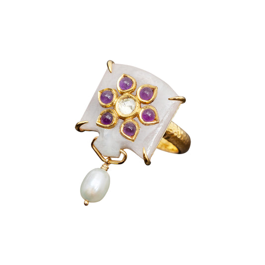 Kundan Lavender Jade Ring with Floral Amethyst