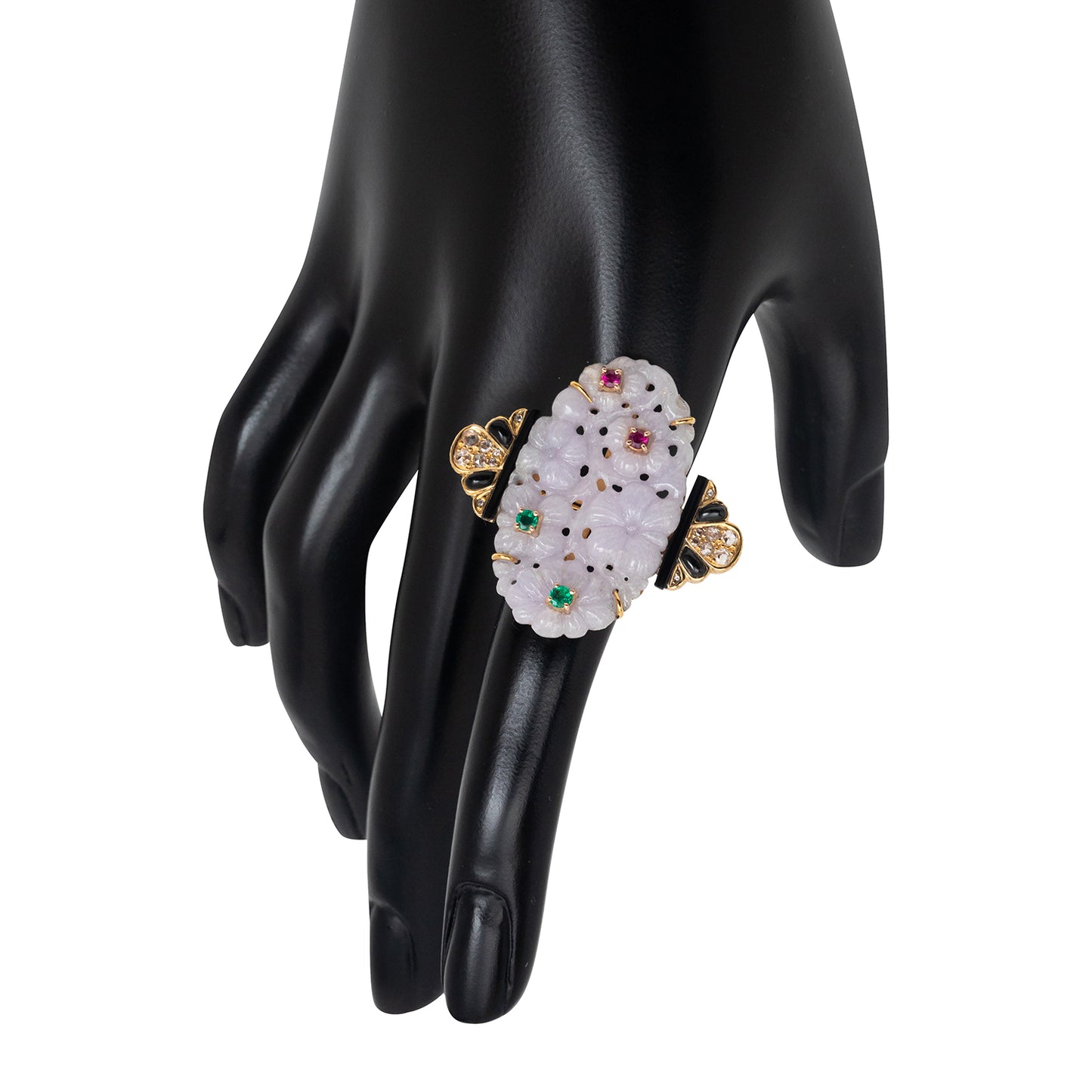 Flower Lavender Jade Ring with Emerald and Ruby