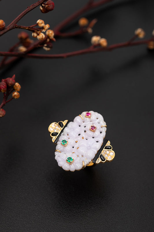 Flower Lavender Jade Ring with Emerald and Ruby