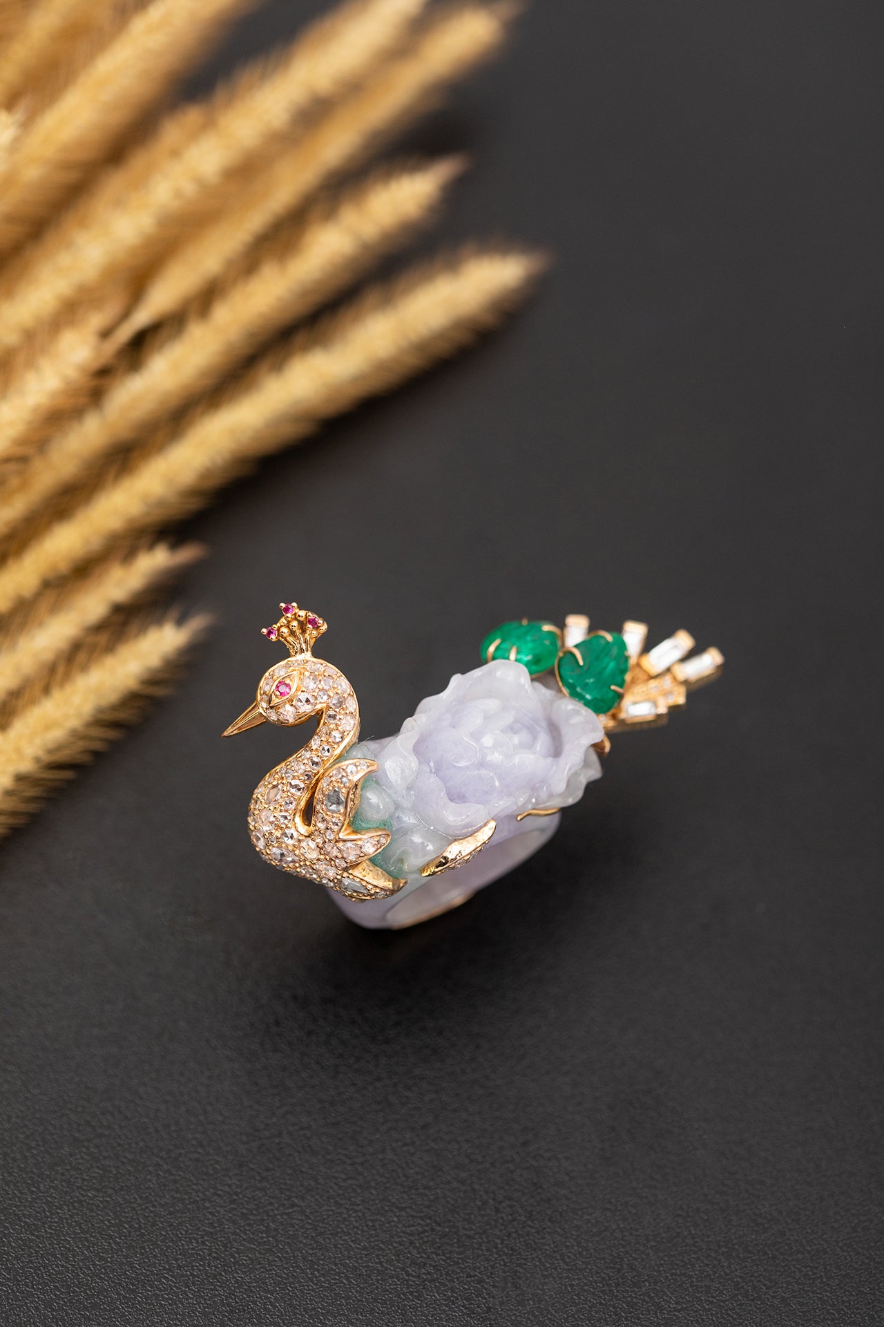 Lavender Jade Dancing Peacock Ring
