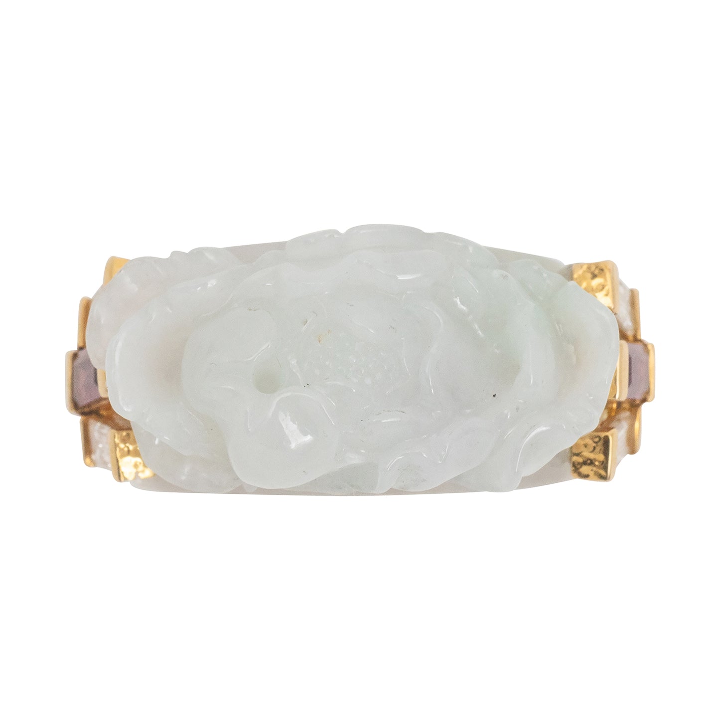 Carved Jade Ring with Diamonds and Rubellite