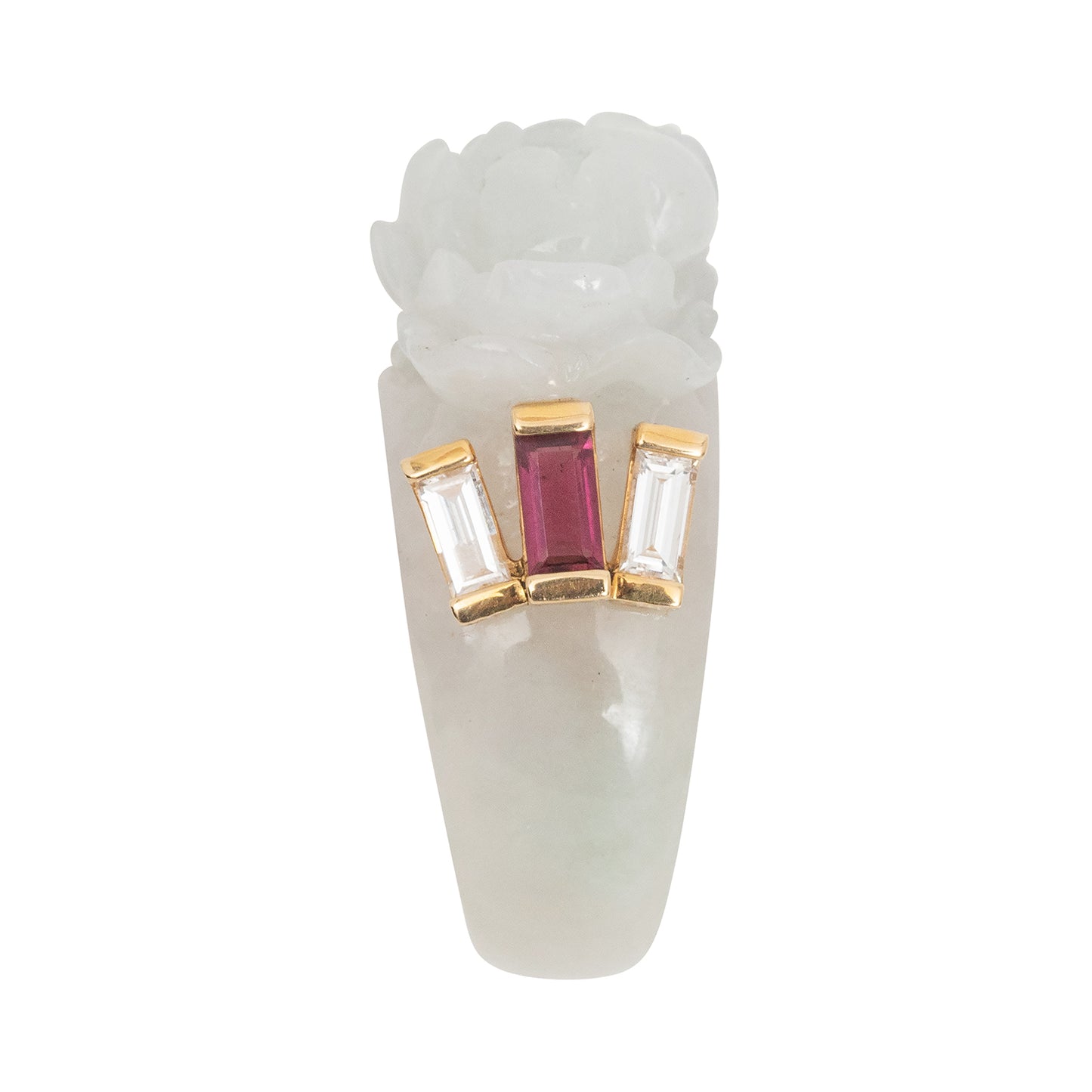 Carved Jade Ring with Diamonds and Rubellite